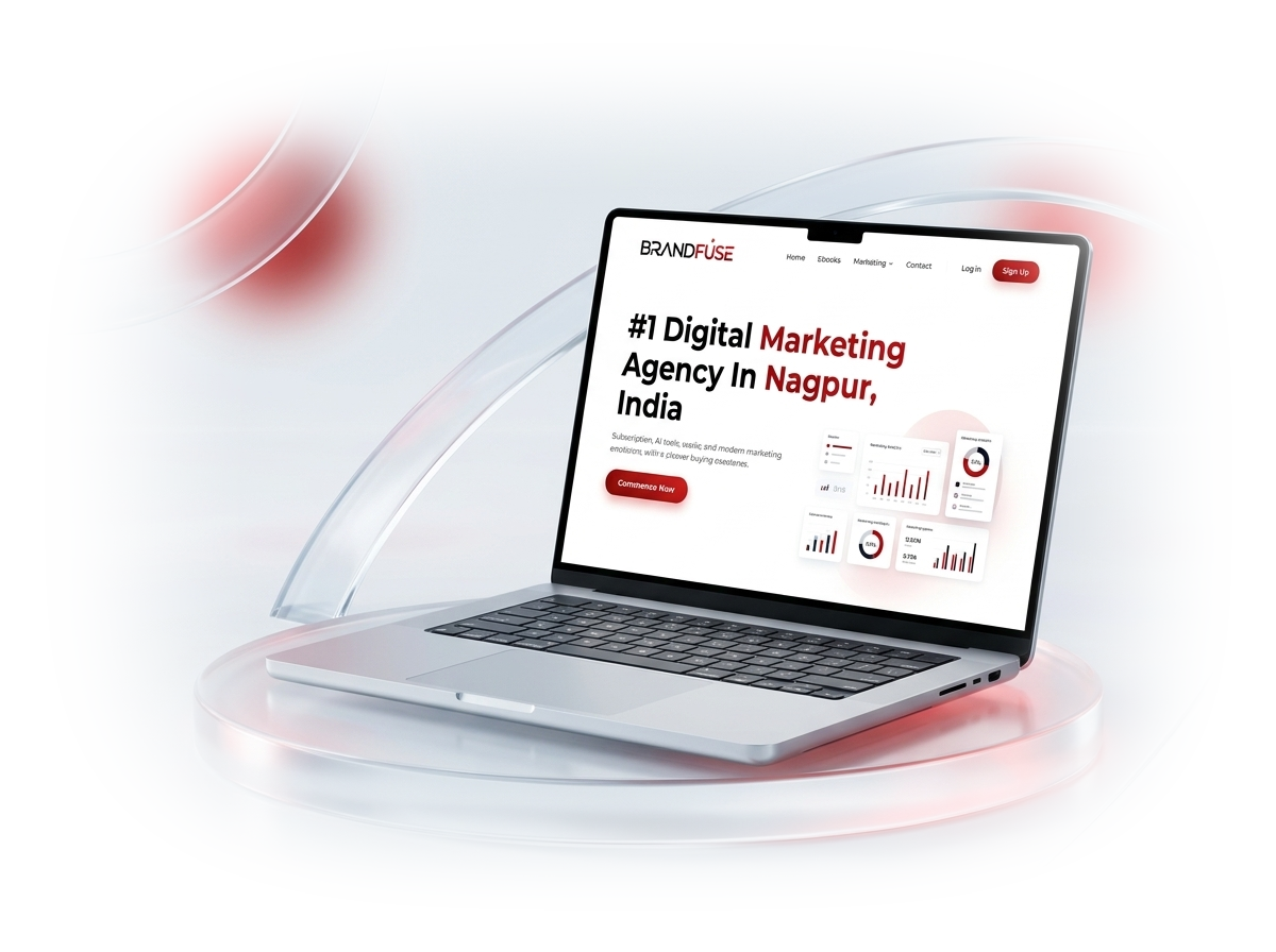 3D Apple MacBook Pro displaying BRANDFUSE Digital Marketing Platform